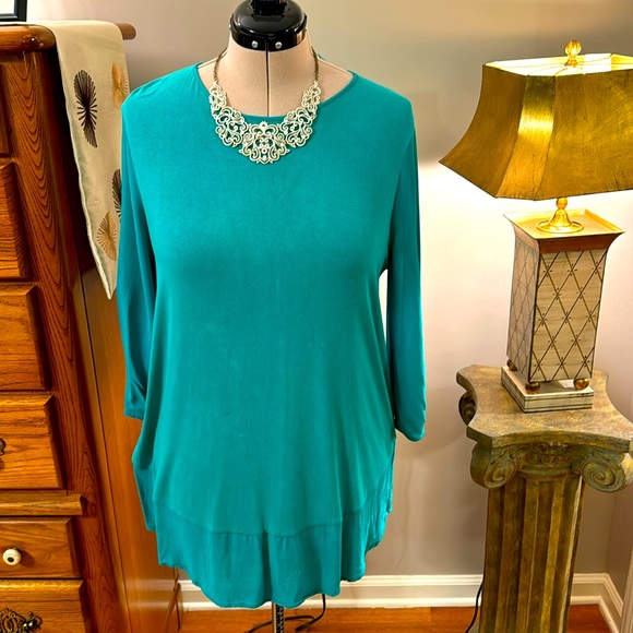 CHICO’S Green Tunic With Crepe Sleeves and Bottom Trim - Picture 1 of 7